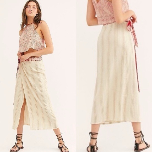 Free People Dresses & Skirts - FREE PEOPLE Wrapped Around You Striped Wrap Cotton Midi Slit Skirt